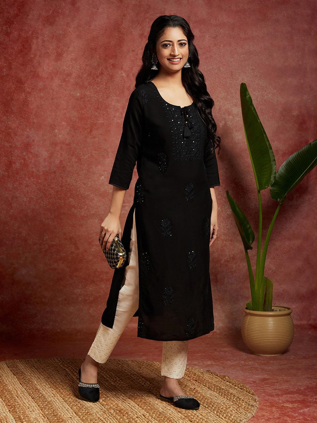 Black Embroidered Rayon Straight Kurta - Libas