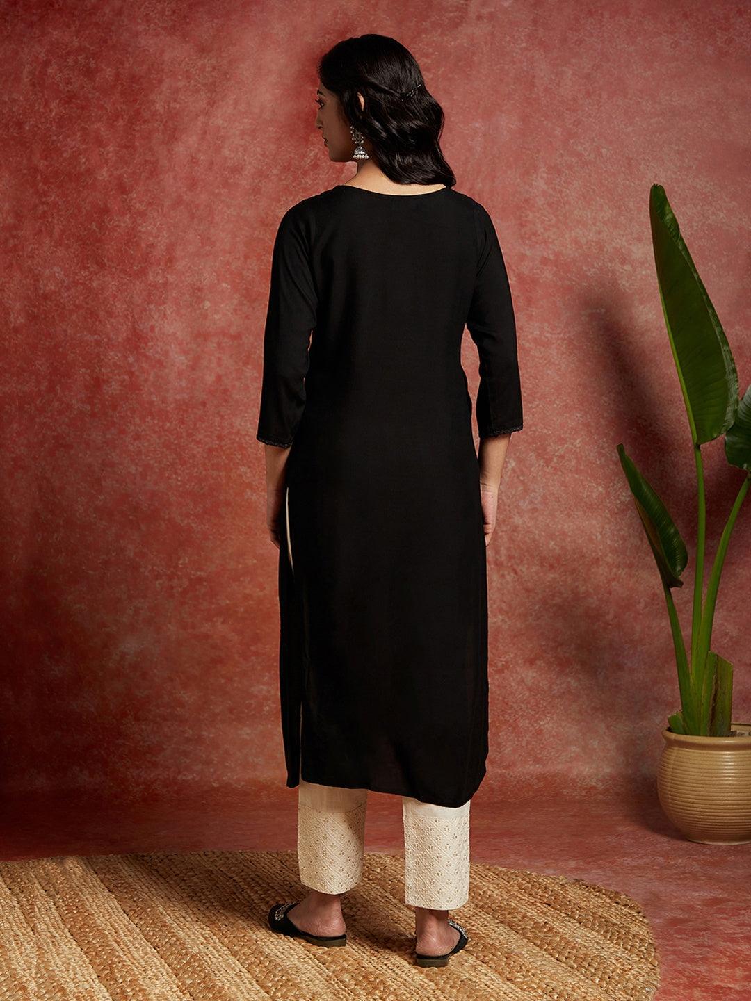 Black Embroidered Rayon Straight Kurta - Libas