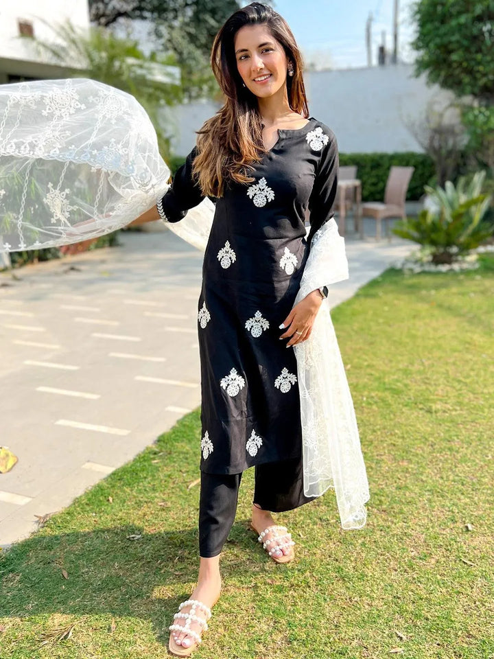 Black Embroidered Rayon Suit Set - Libas