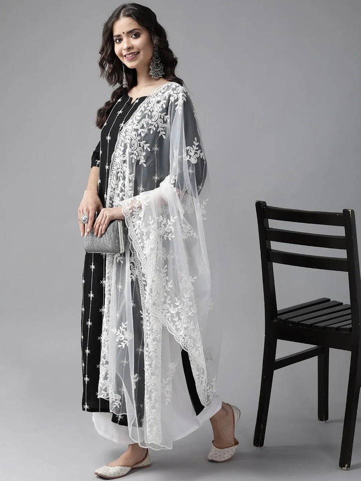 Black Embroidered Rayon Suit Set - Libas