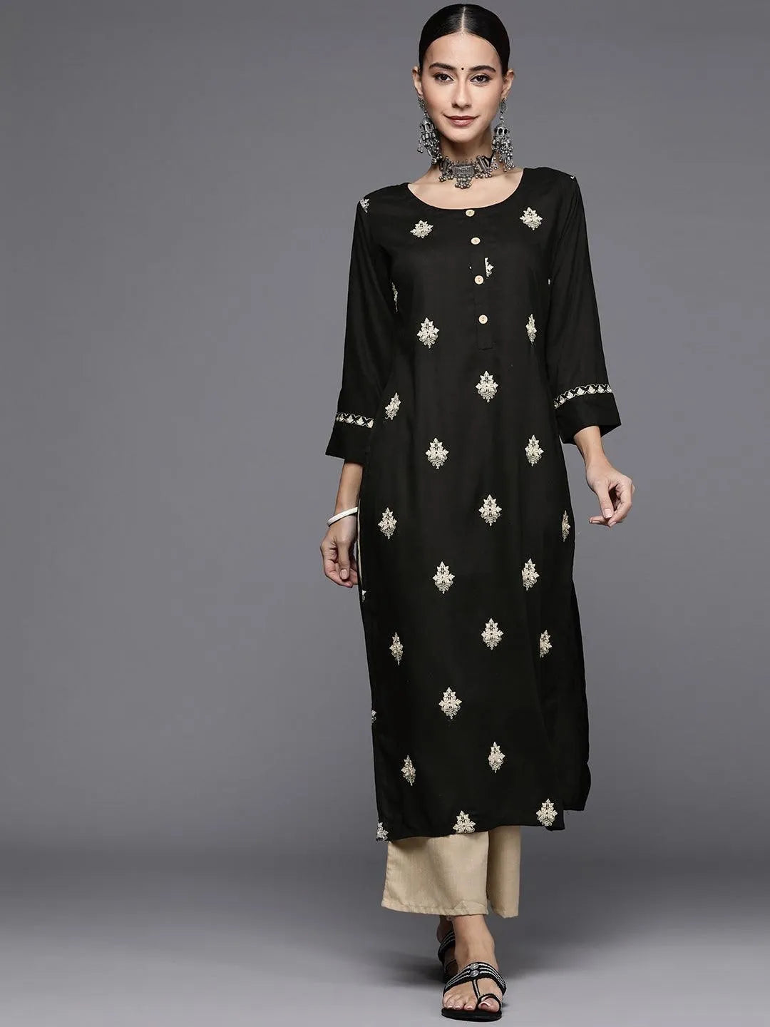 Black Embroidered Rayon Kurta Set - Libas