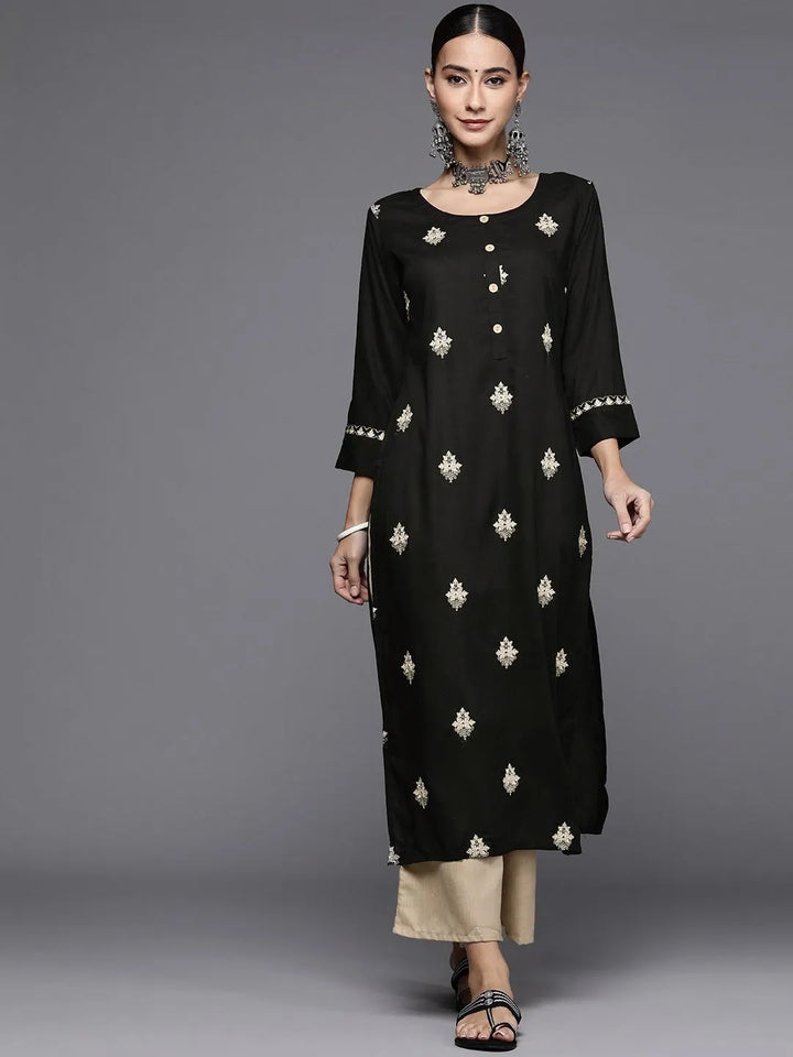 Black Embroidered Rayon Kurta Set - Libas