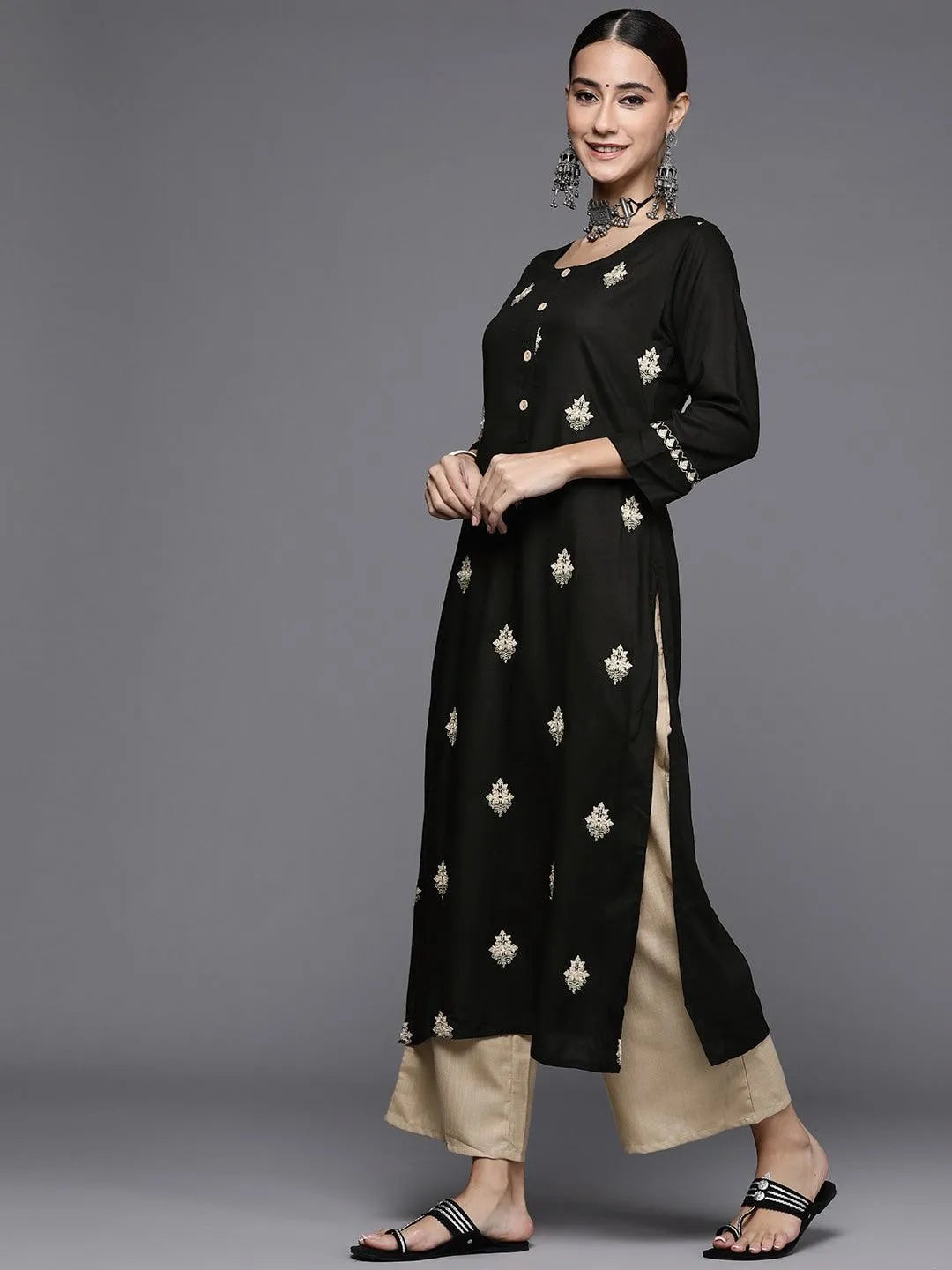 Black Embroidered Rayon Kurta Set - Libas