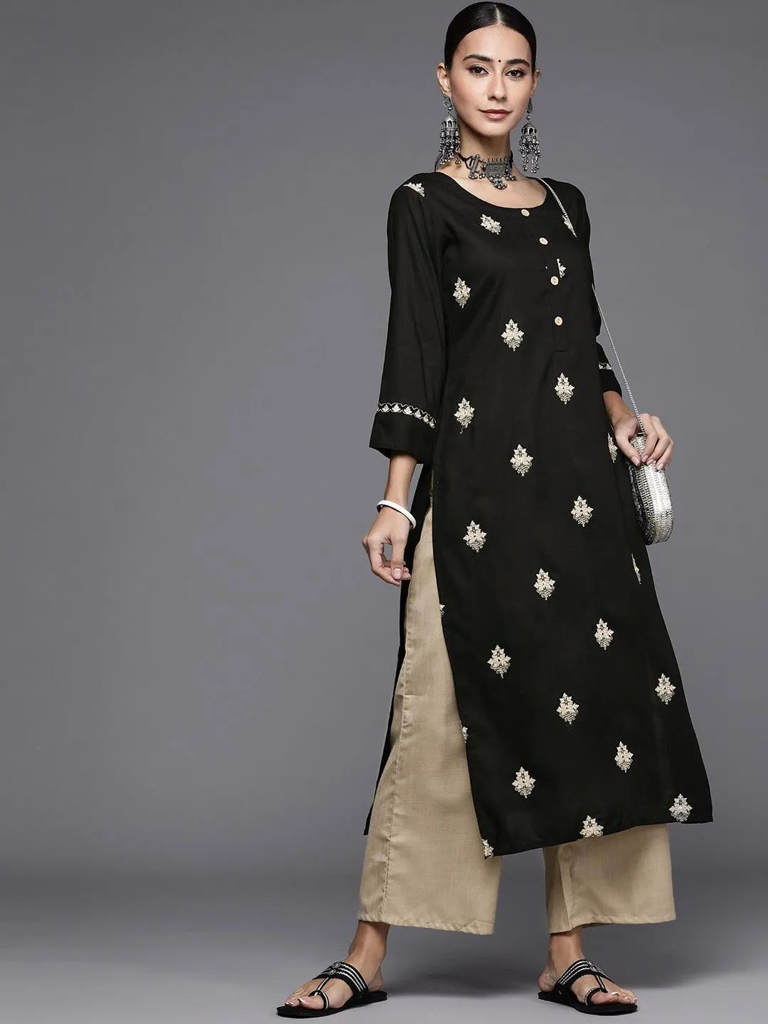 Black Embroidered Rayon Kurta Set - Libas