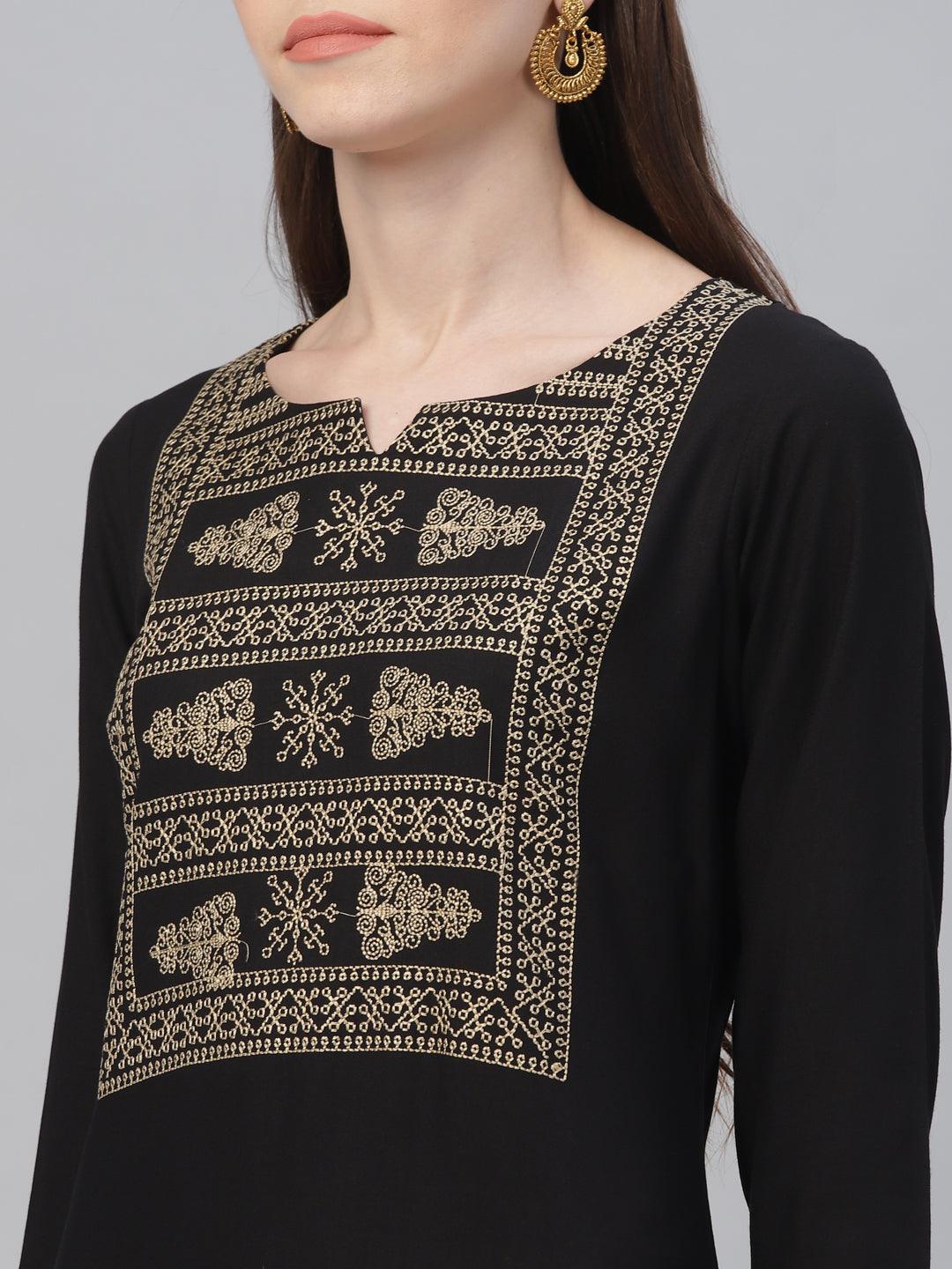 Black Embroidered Rayon Straight Kurta With Trousers