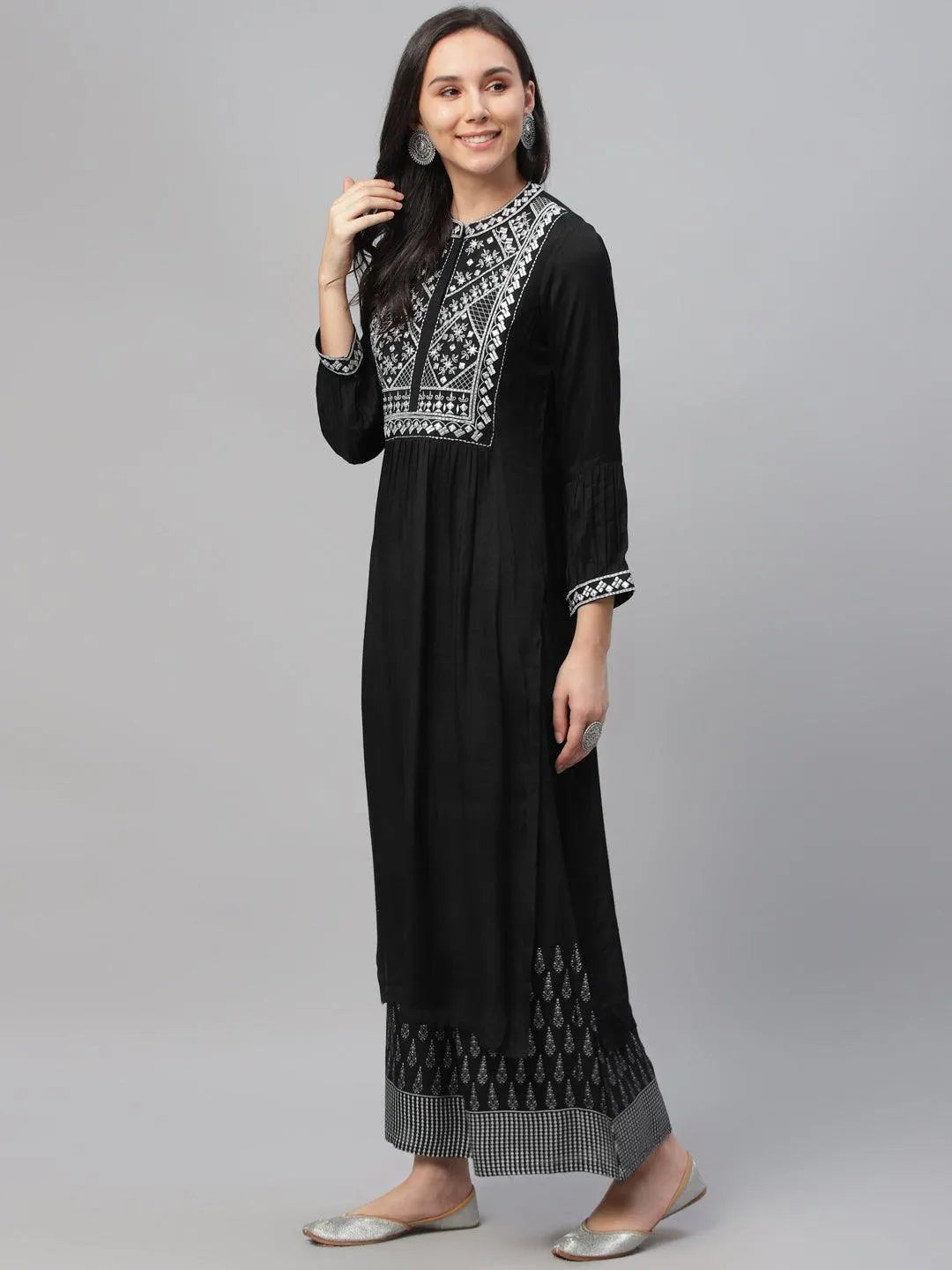 Black Embroidered Shantoon Kurta - Libas