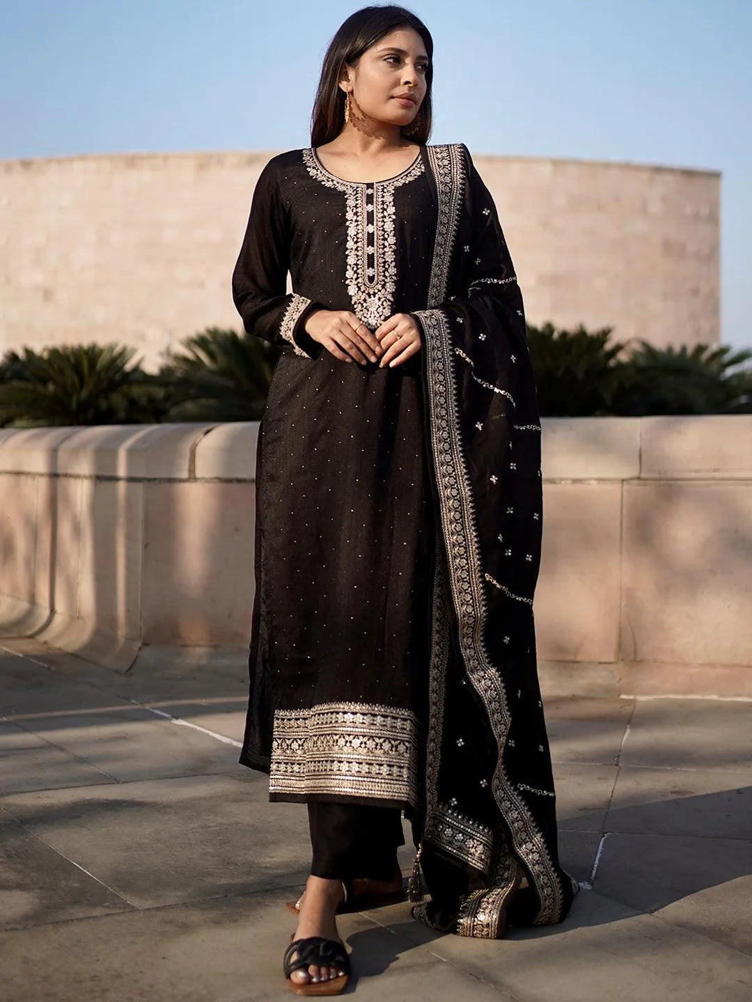 Black Embroidered Silk Blend Straight Suit Set - Libas 