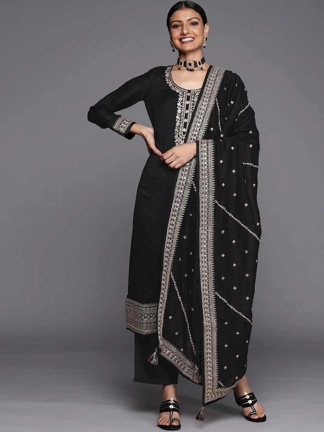 Black Embroidered Silk Blend Straight Suit Set - Libas 