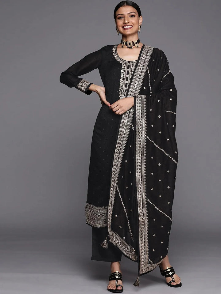 Black Embroidered Silk Blend Straight Suit Set - Libas