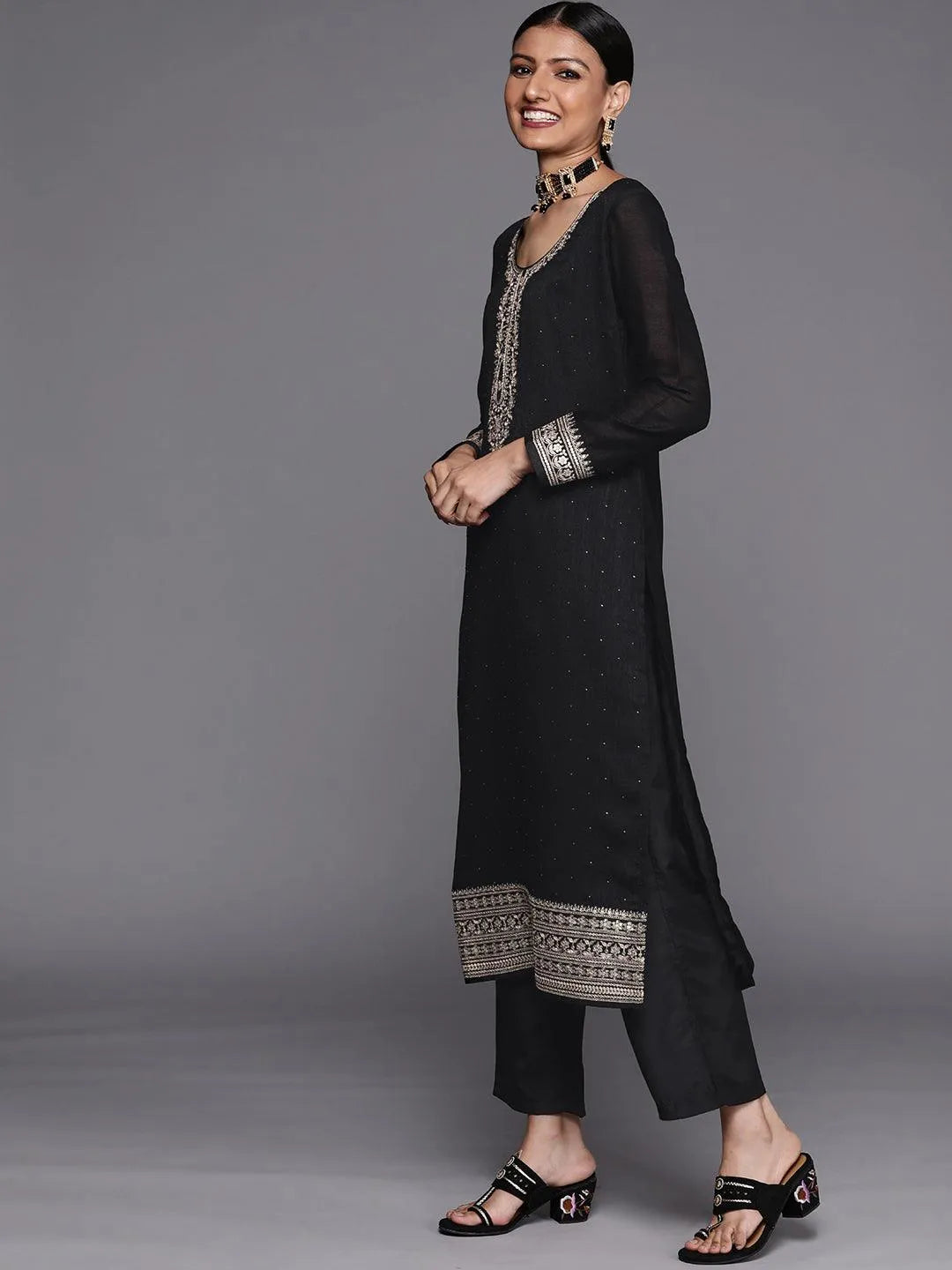 Black Embroidered Silk Blend Straight Suit Set - Libas 