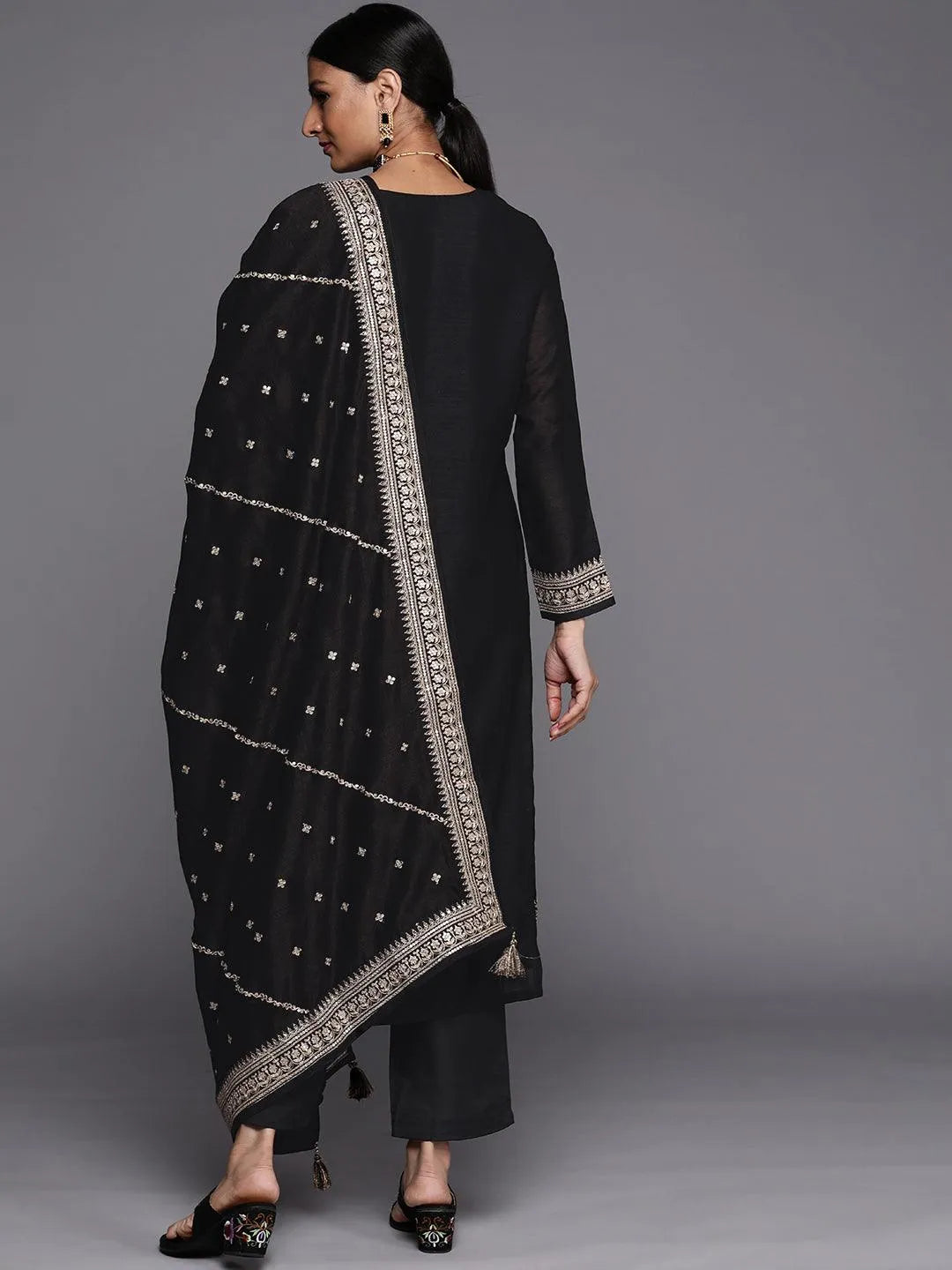 Black Embroidered Silk Blend Straight Suit Set - Libas 