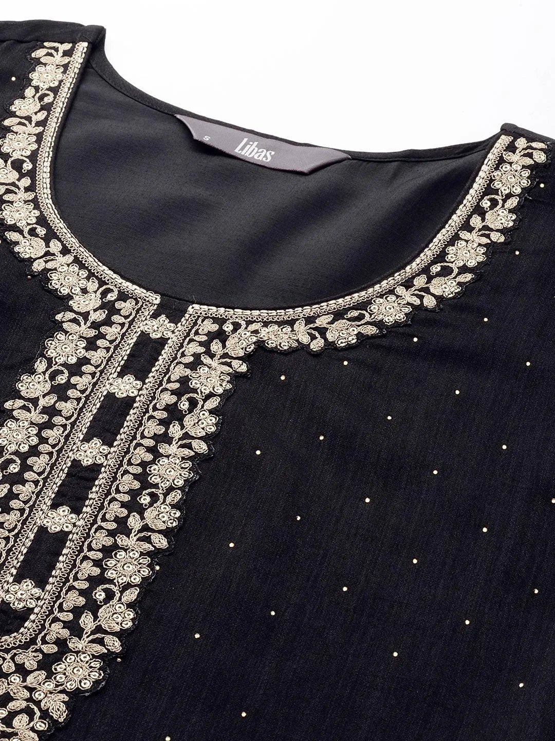 Black Embroidered Silk Blend Straight Suit Set - Libas 