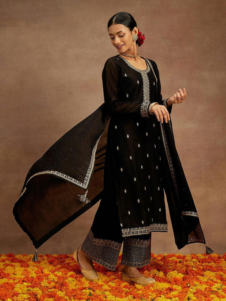 Black Embroidered Silk Blend Straight Kurta With Palazzos & Dupatta - Libas