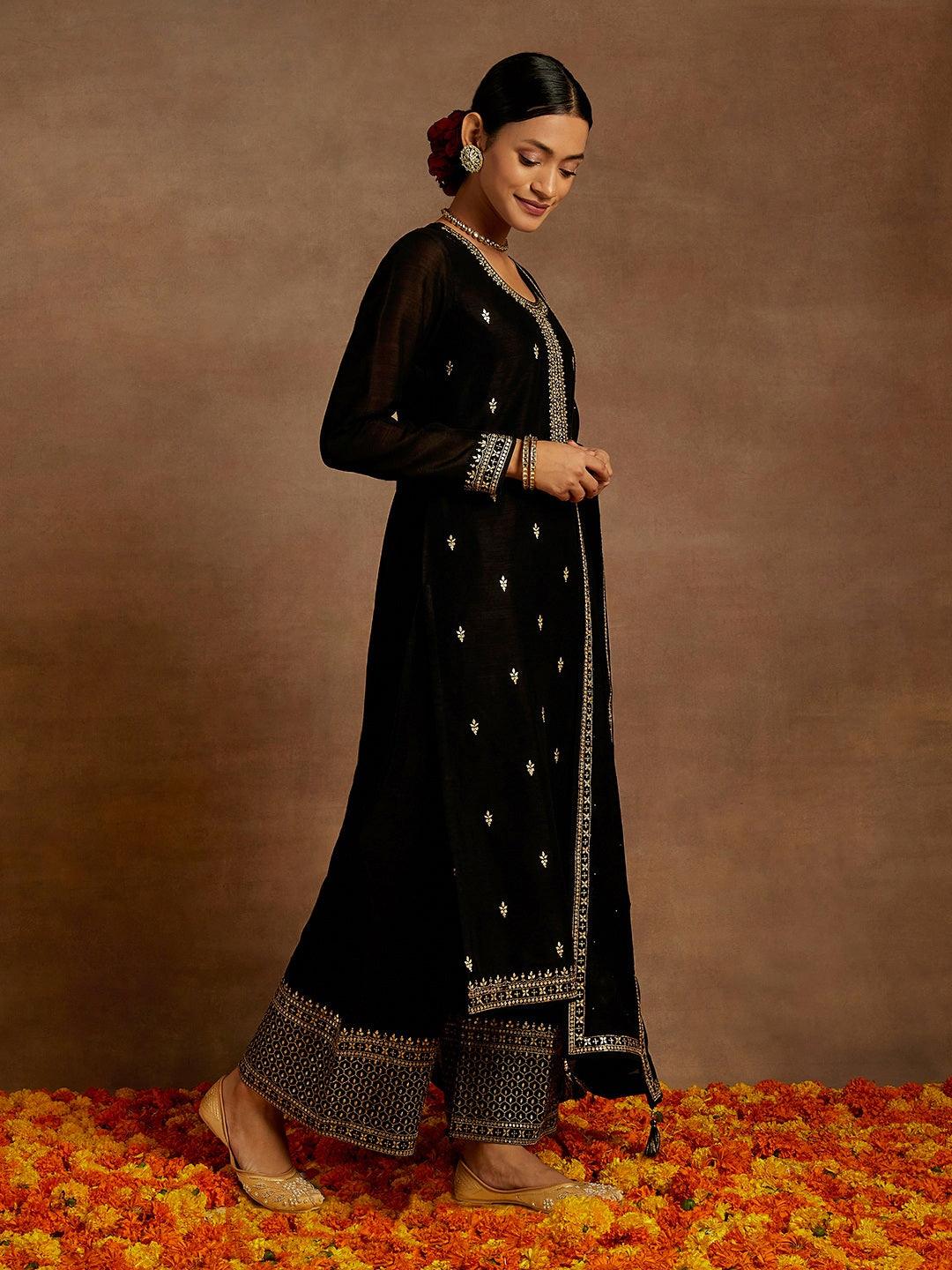 Black Embroidered Silk Blend Straight Kurta With Palazzos & Dupatta - Libas