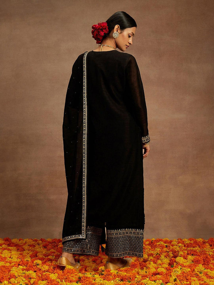 Black Embroidered Silk Blend Straight Kurta With Palazzos & Dupatta - Libas