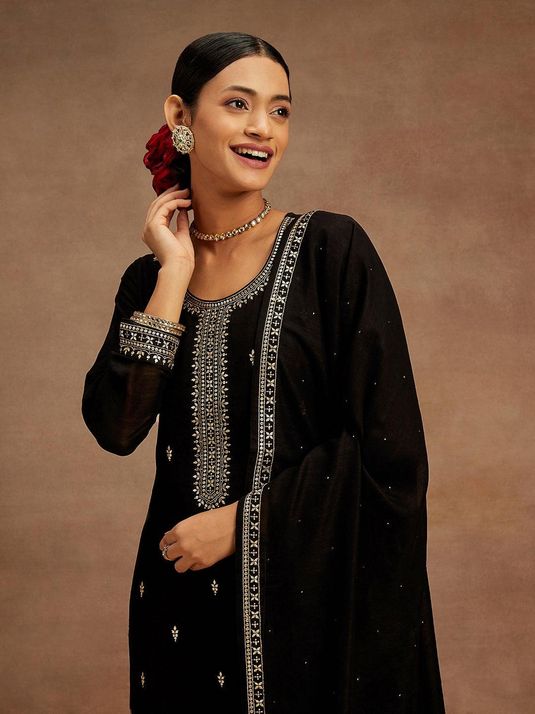 Black Embroidered Silk Blend Straight Kurta With Palazzos & Dupatta - Libas