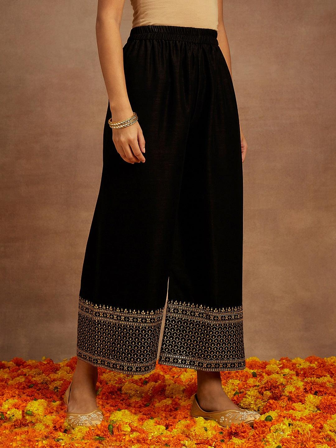 Black Embroidered Silk Blend Straight Kurta With Palazzos & Dupatta - Libas