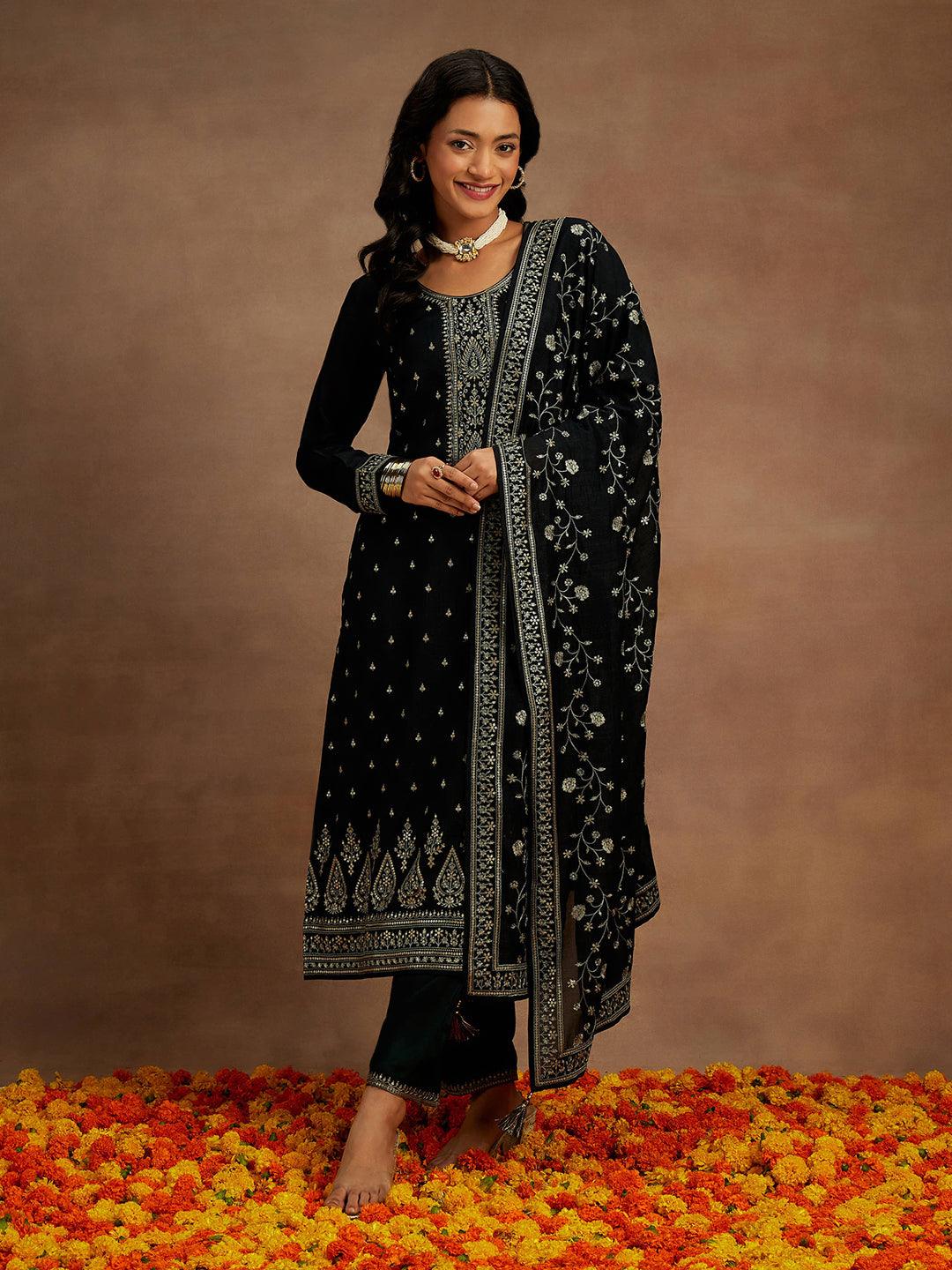 Black Embroidered Silk Blend Straight Suit With Dupatta
