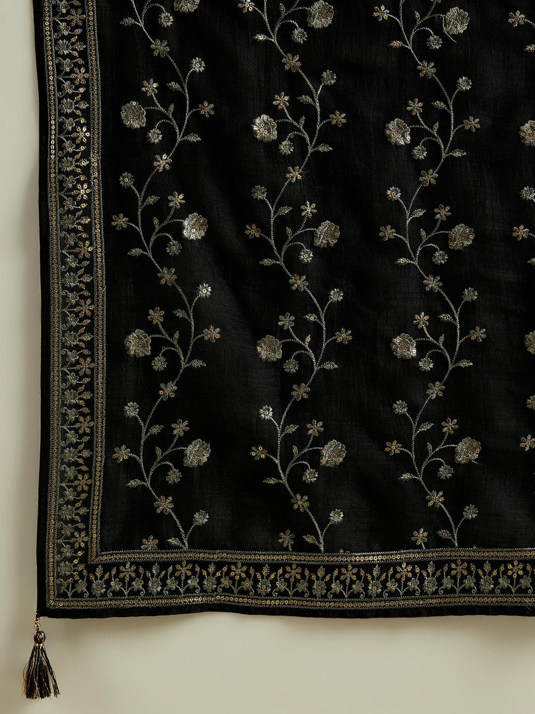 Black Embroidered Silk Blend Straight Suit With Dupatta