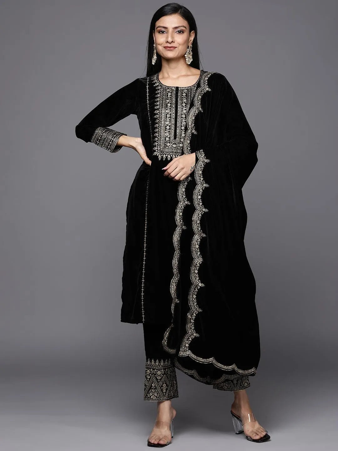 Black Embroidered Velvet Straight Suit Set - Libas 