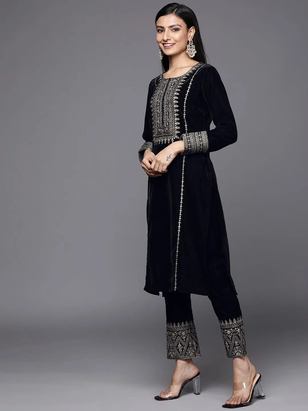 Black Embroidered Velvet Straight Suit Set - Libas 