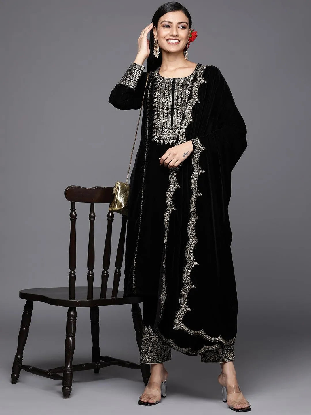 Black Embroidered Velvet Straight Suit Set - Libas 