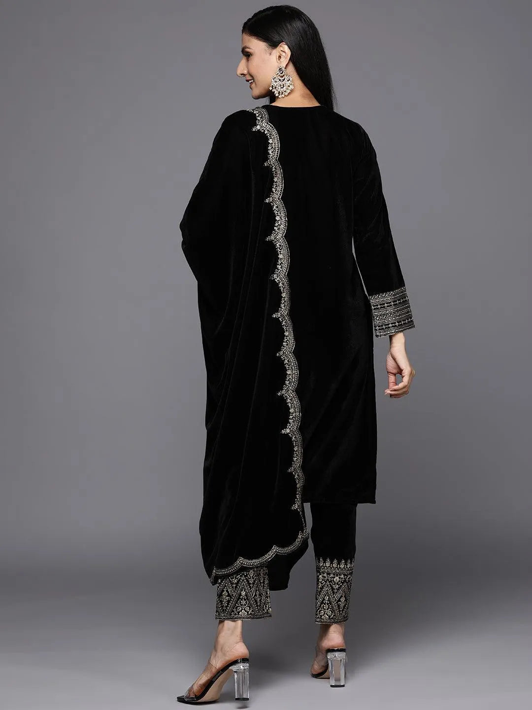 Black Embroidered Velvet Straight Suit Set - Libas 