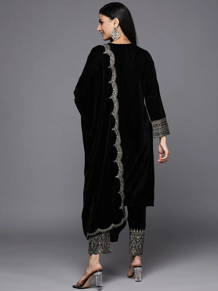 Black Embroidered Velvet Straight Suit Set - Libas