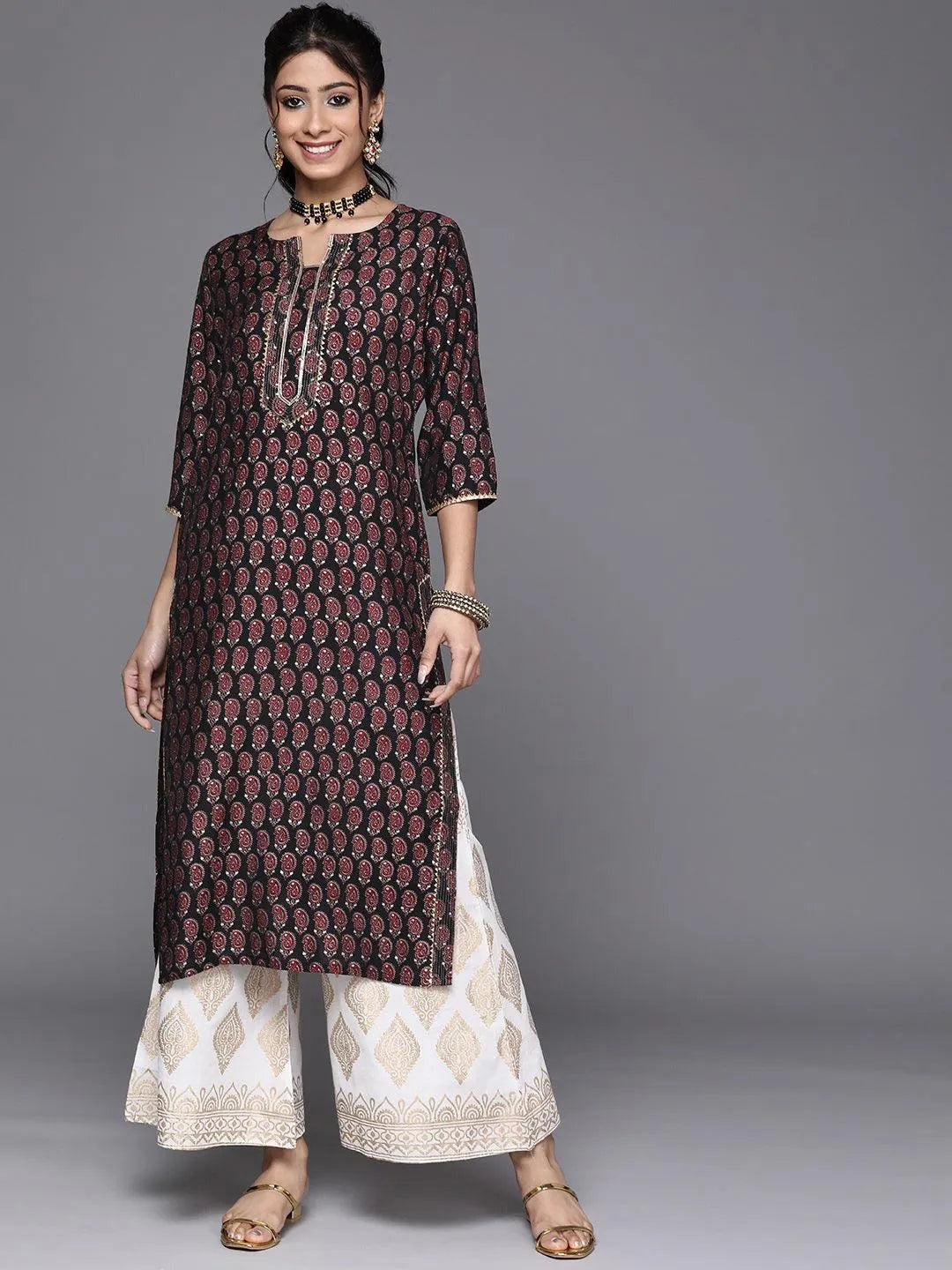 Black Printed Chanderi Silk Kurta - Libas