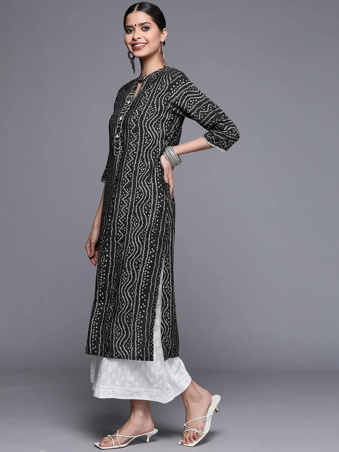 Black Printed Chanderi Silk Kurta - Libas