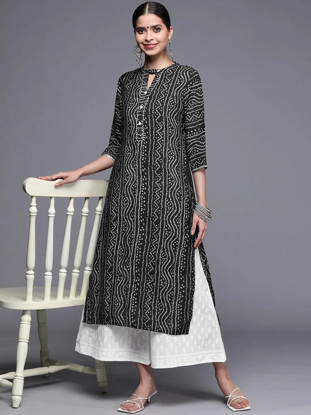 Black Printed Chanderi Silk Kurta - Libas