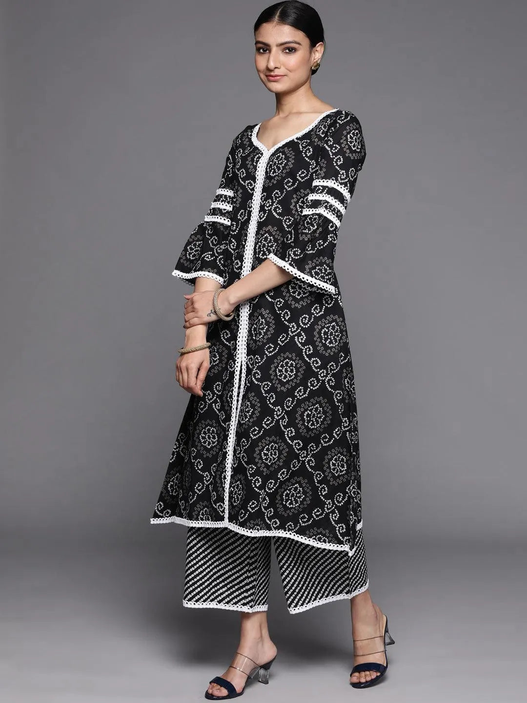 Black Printed Cotton Suit Set - Libas 