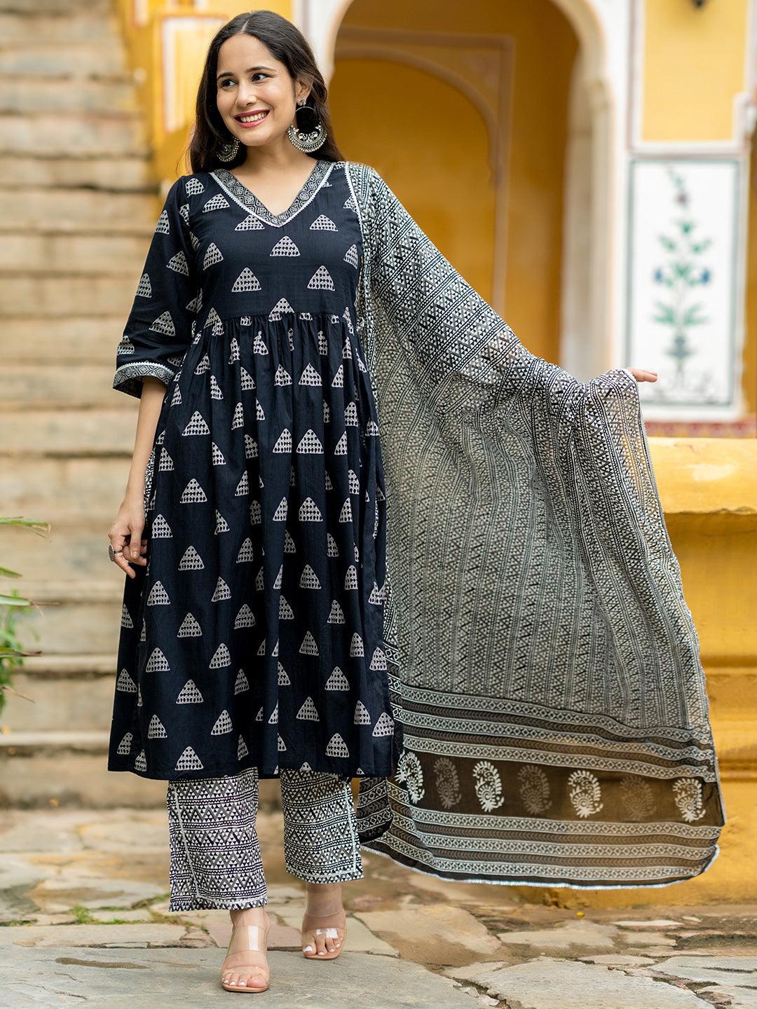 Black Printed Cotton A-Line Kurta With Trousers and Dupatta - Libas