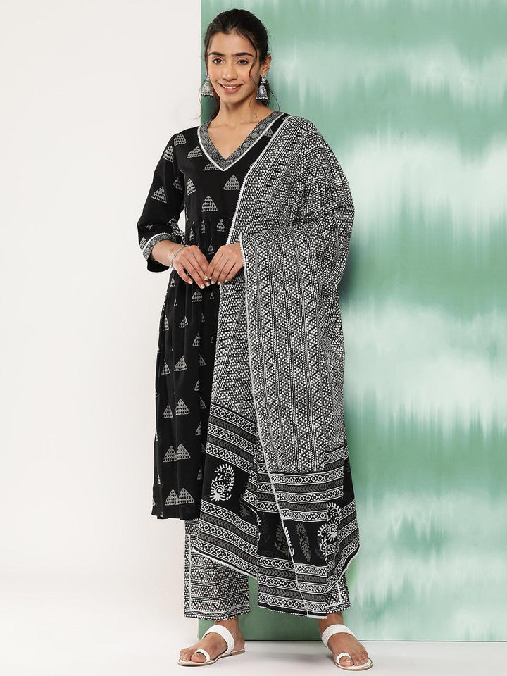 Black Printed Cotton A-Line Kurta With Trousers and Dupatta - Libas