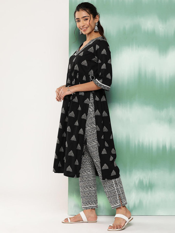 Black Printed Cotton A-Line Kurta With Trousers and Dupatta - Libas