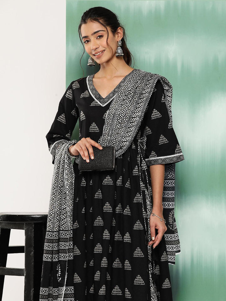 Black Printed Cotton A-Line Kurta With Trousers and Dupatta - Libas