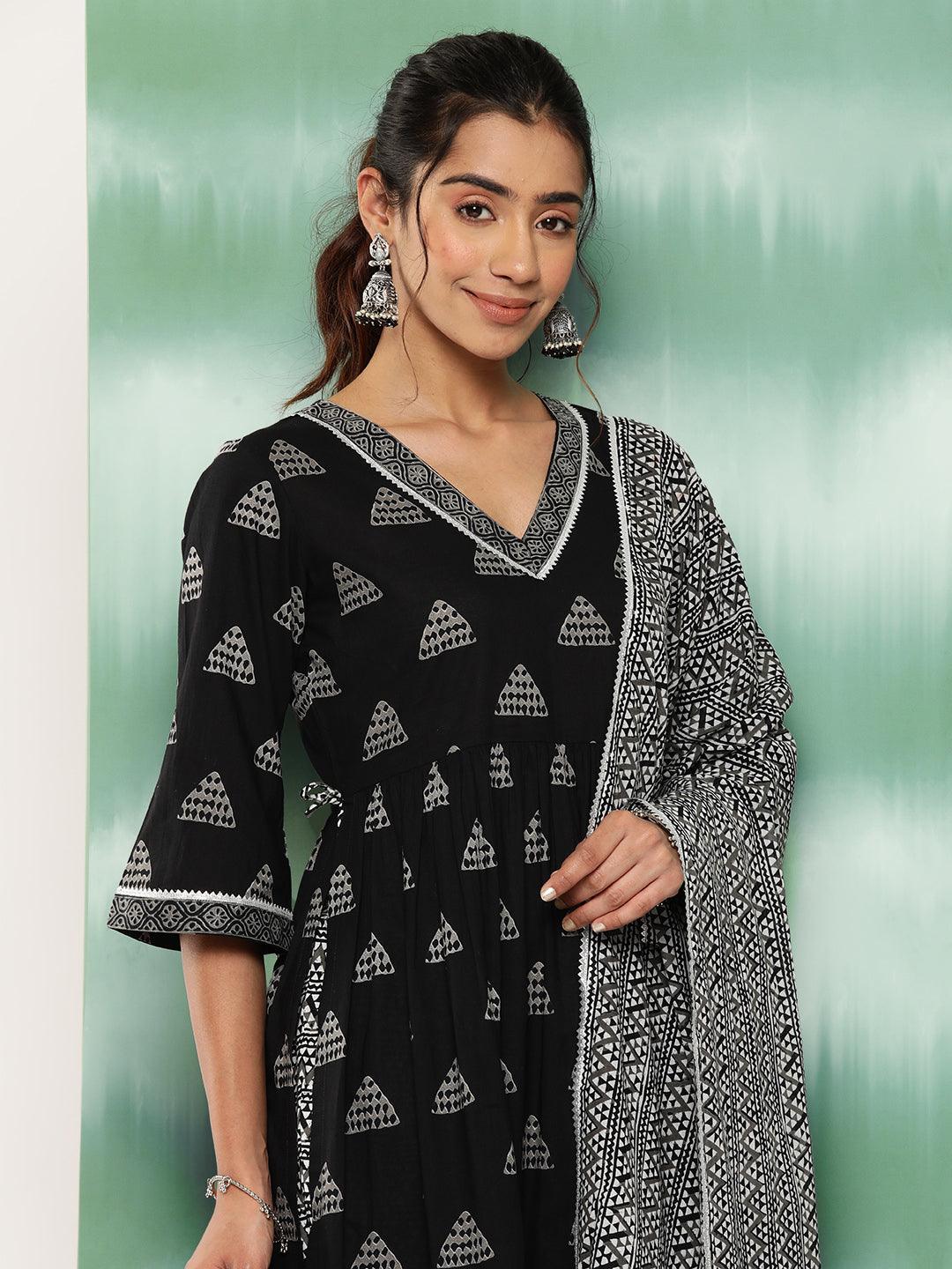 Black Printed Cotton A-Line Kurta With Trousers and Dupatta - Libas