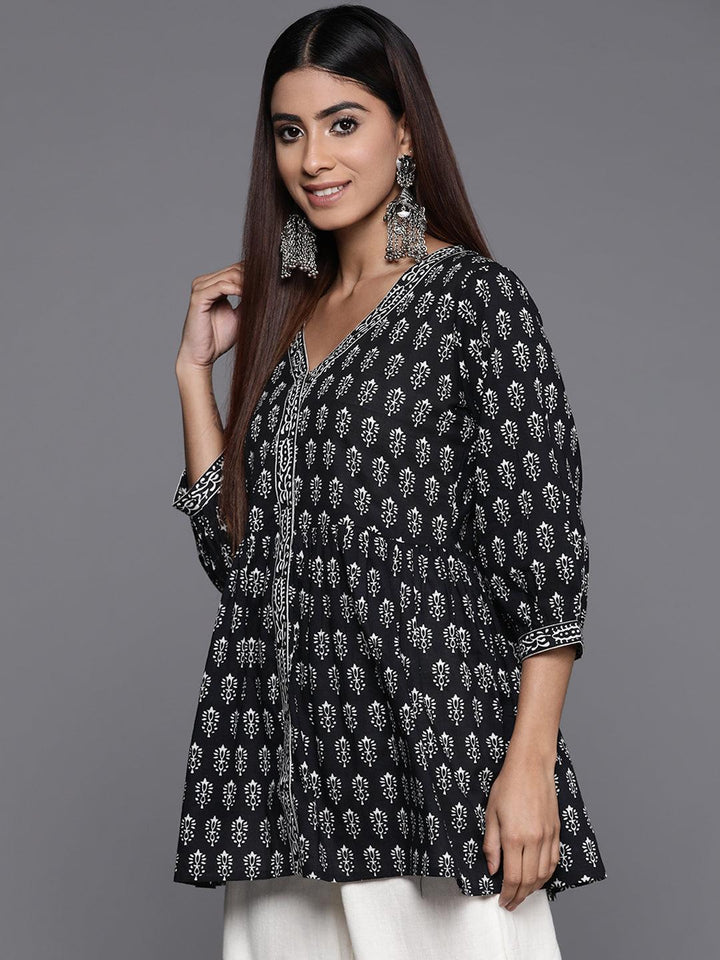 Black Printed Cotton A-Line Kurti - Libas