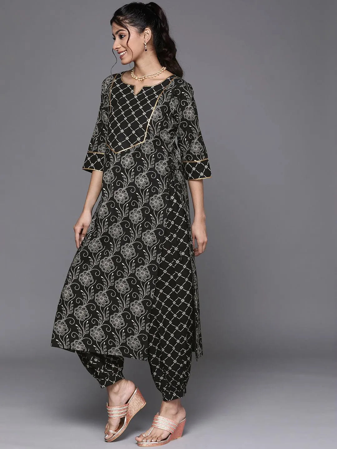 Black Printed Cotton Kurta - Libas