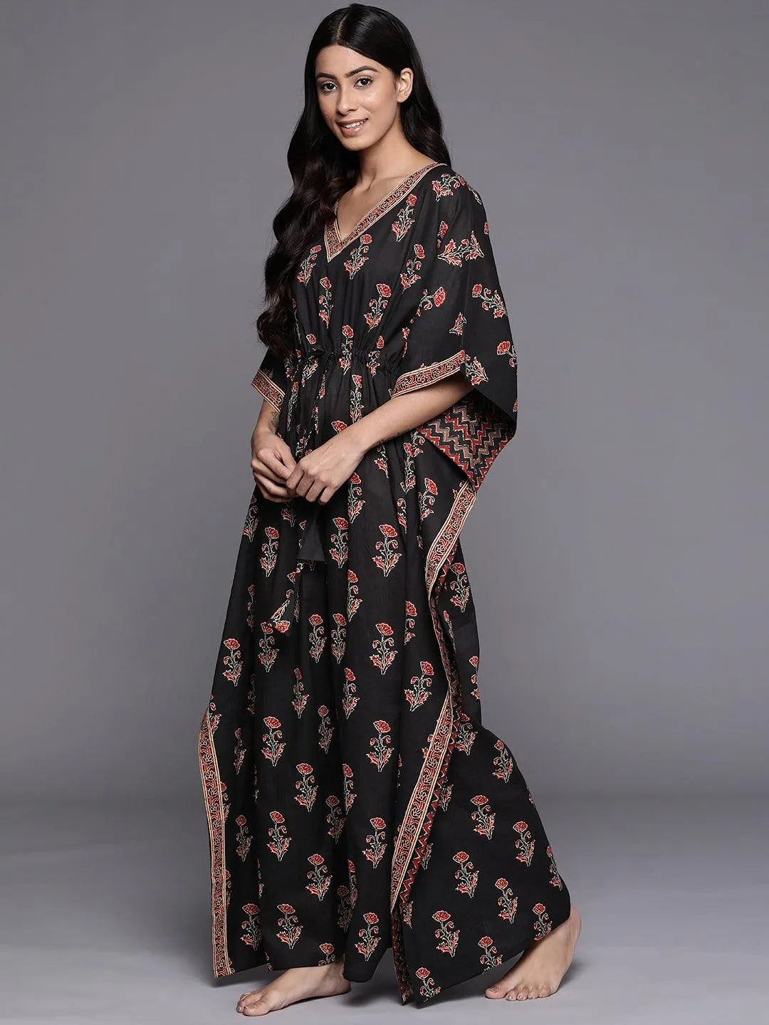 Black Printed Cotton Night Dress - Libas