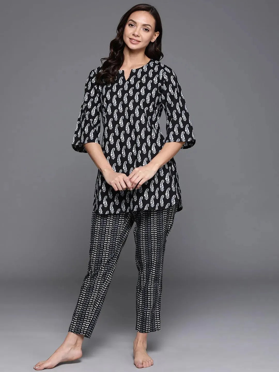 Black Printed Cotton Night Suit - Libas 