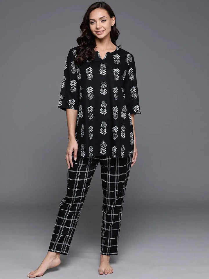 Black Printed Cotton Night Suit - Libas