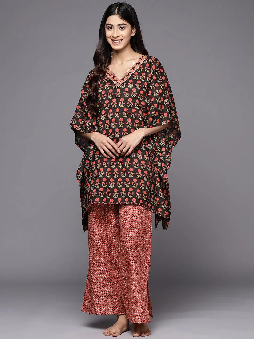 Black Printed Cotton Night Suit - Libas