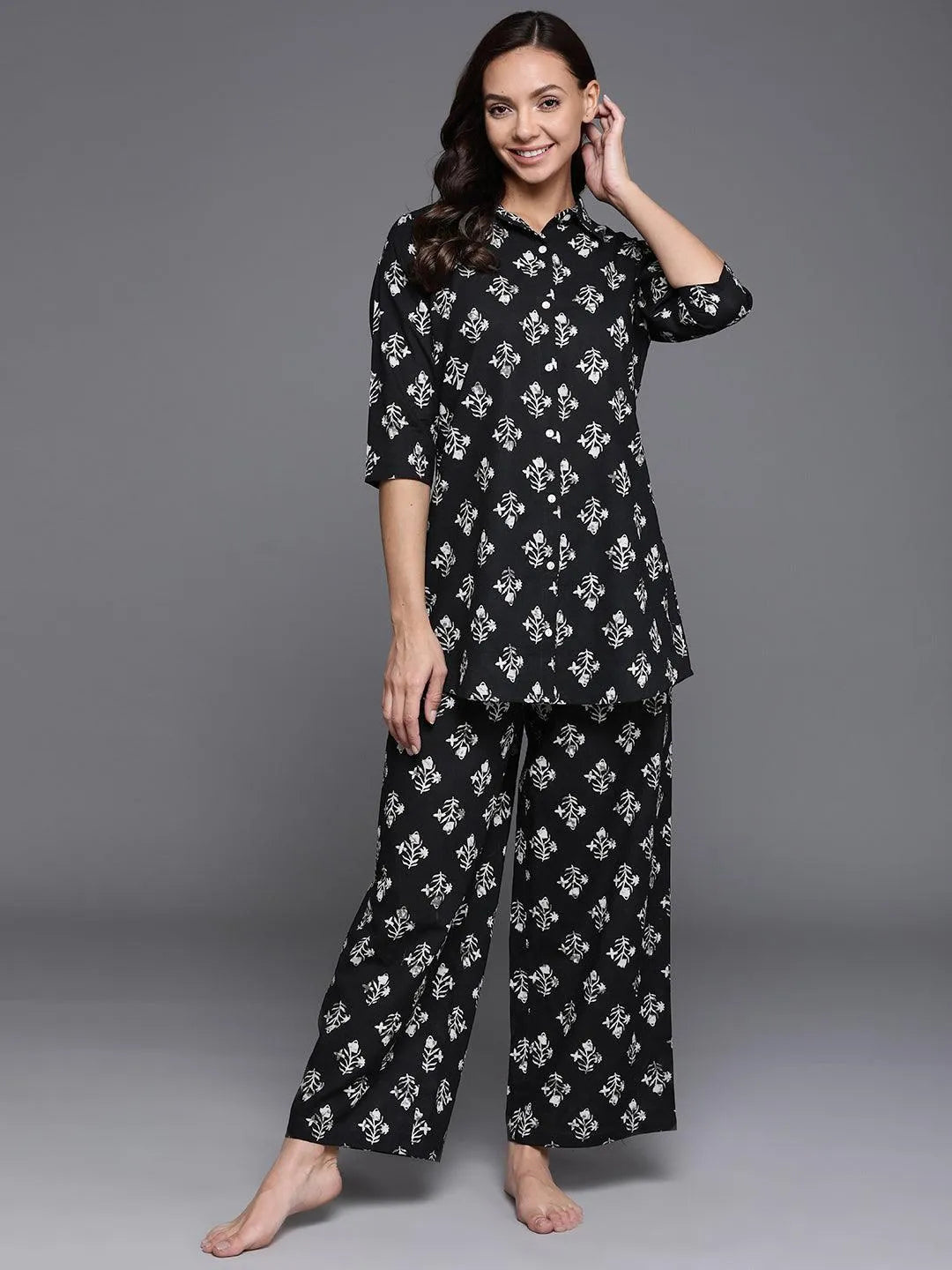 Black Printed Cotton Night Suit - Libas