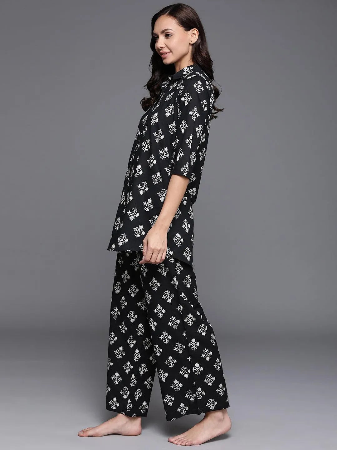 Black Printed Cotton Night Suit - Libas