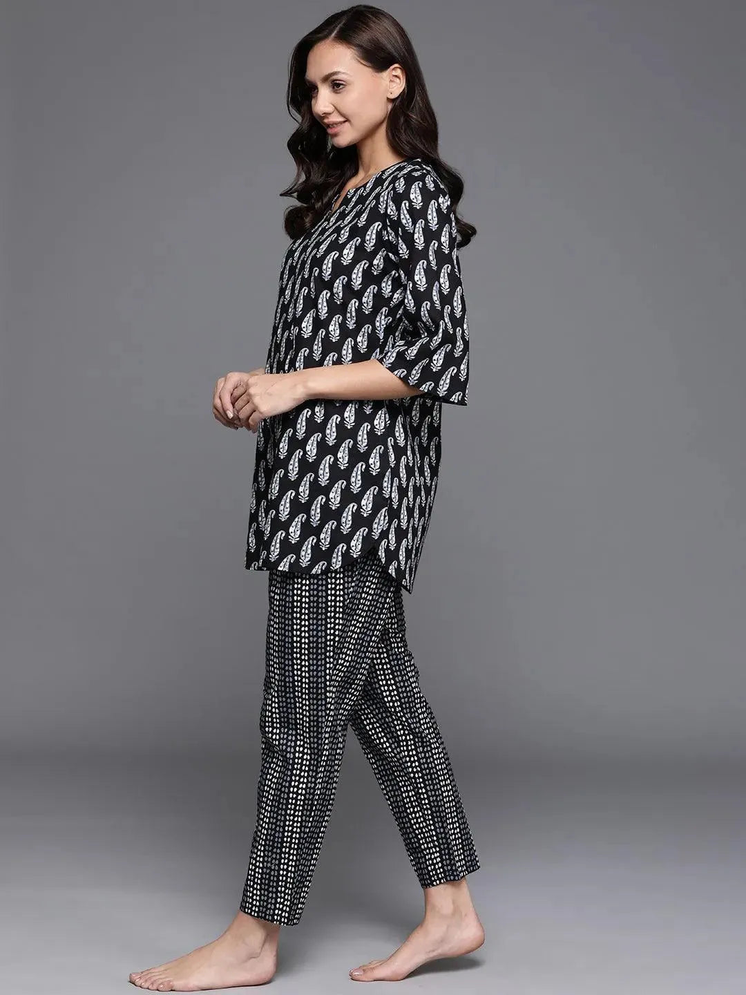 Black Printed Cotton Night Suit - Libas 