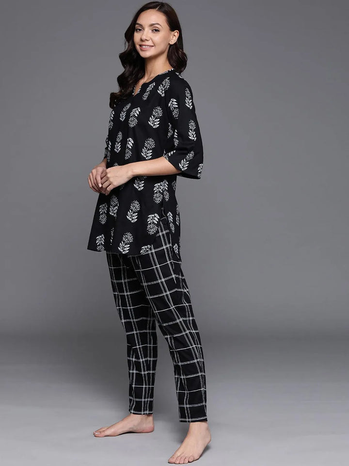 Black Printed Cotton Night Suit - Libas