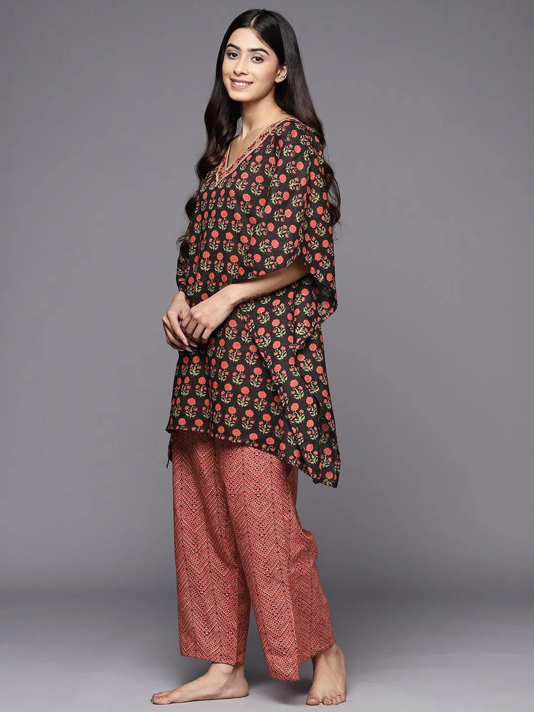 Black Printed Cotton Night Suit - Libas