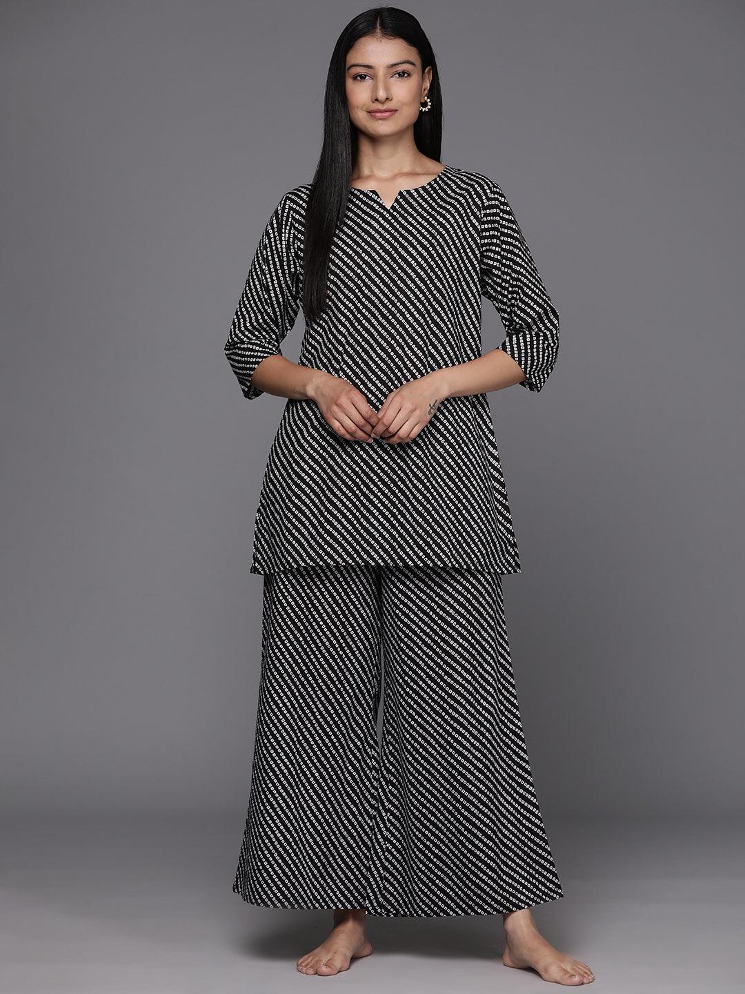 Black Printed Cotton Night Suit - Libas