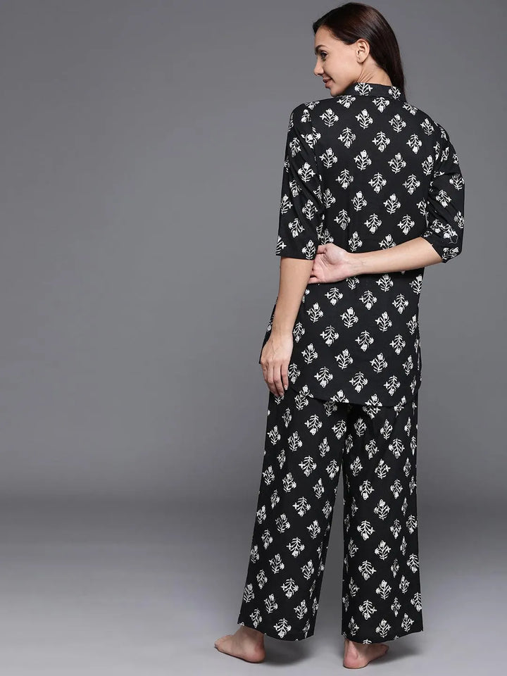 Black Printed Cotton Night Suit - Libas